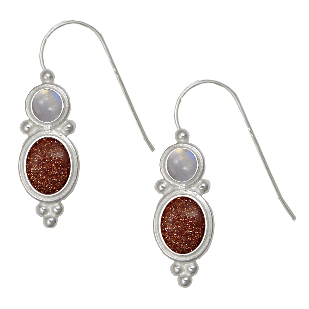 Sterling Silver Drop Dangle Earrings With Goldstone And Rainbow Moonstone